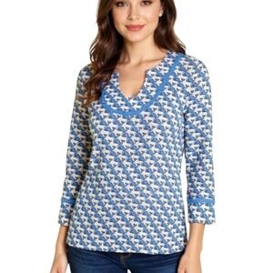 Vineyard Vines Tunic Top Women's Size S Blue White Whales 3/4 sleeve Pullover
